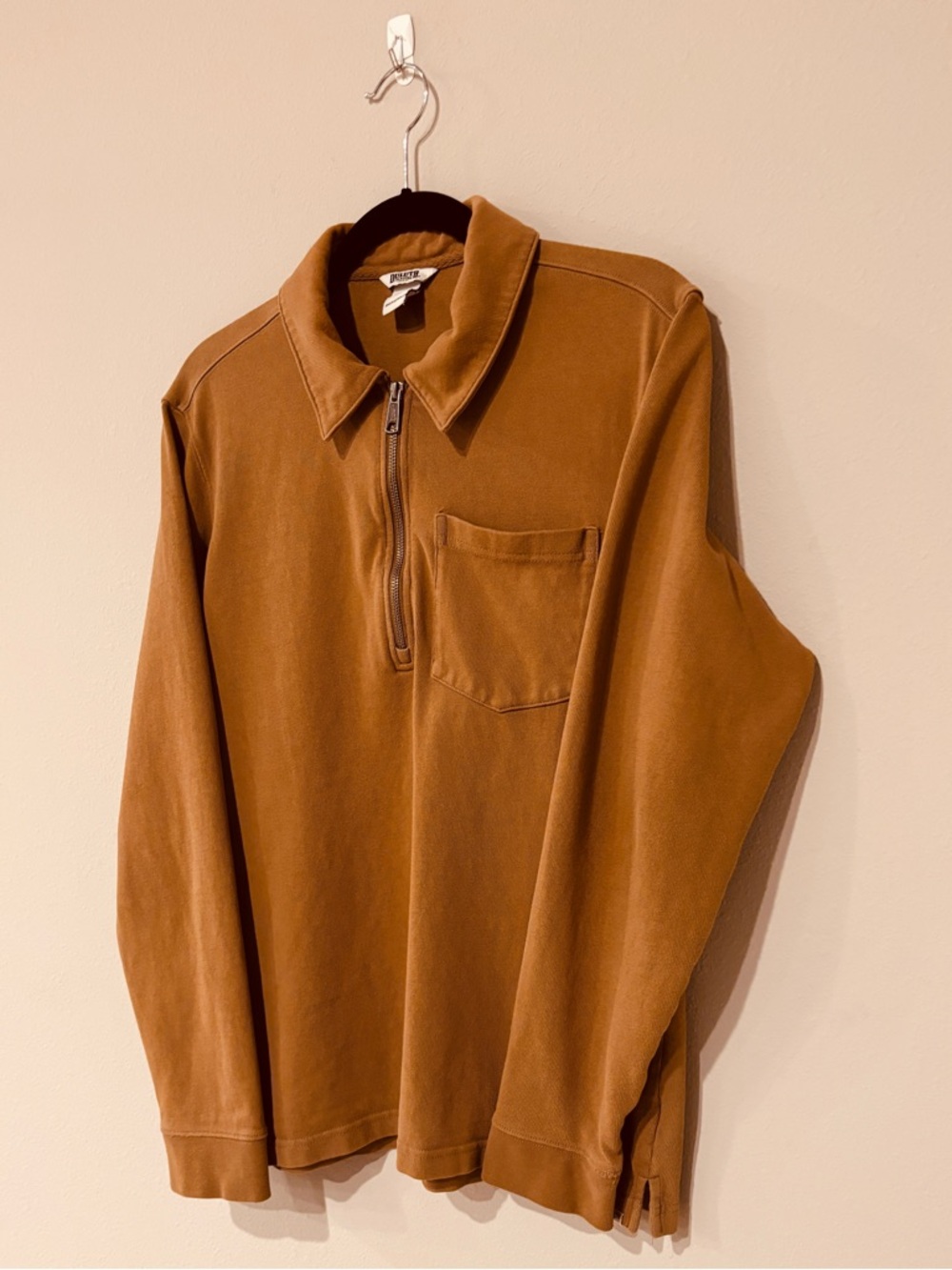 Duluth Trading Co Men's Quarter Zip Caramel Brown Fall Casual Cotton Soft Knit